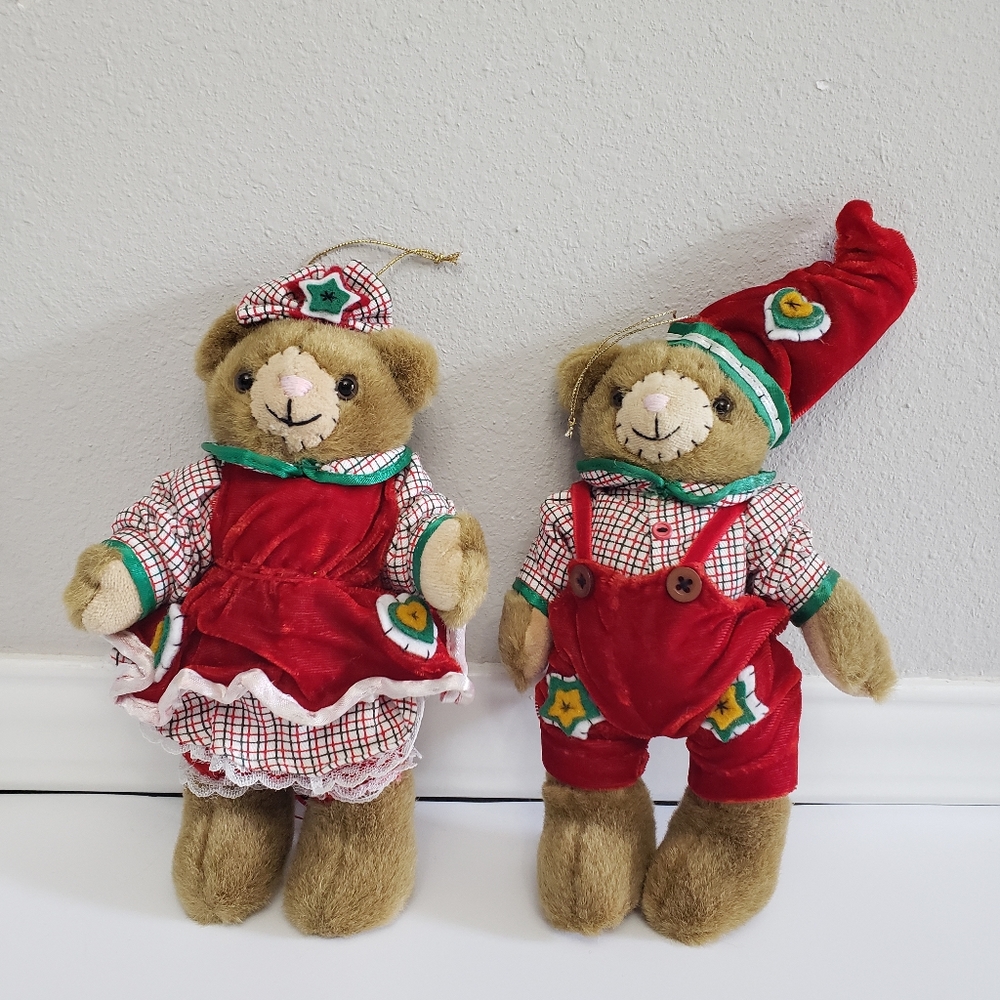 Vintage Christmas Teddy Bear 8" Pair  Holiday Boy & Girl Bears Festive Outfits